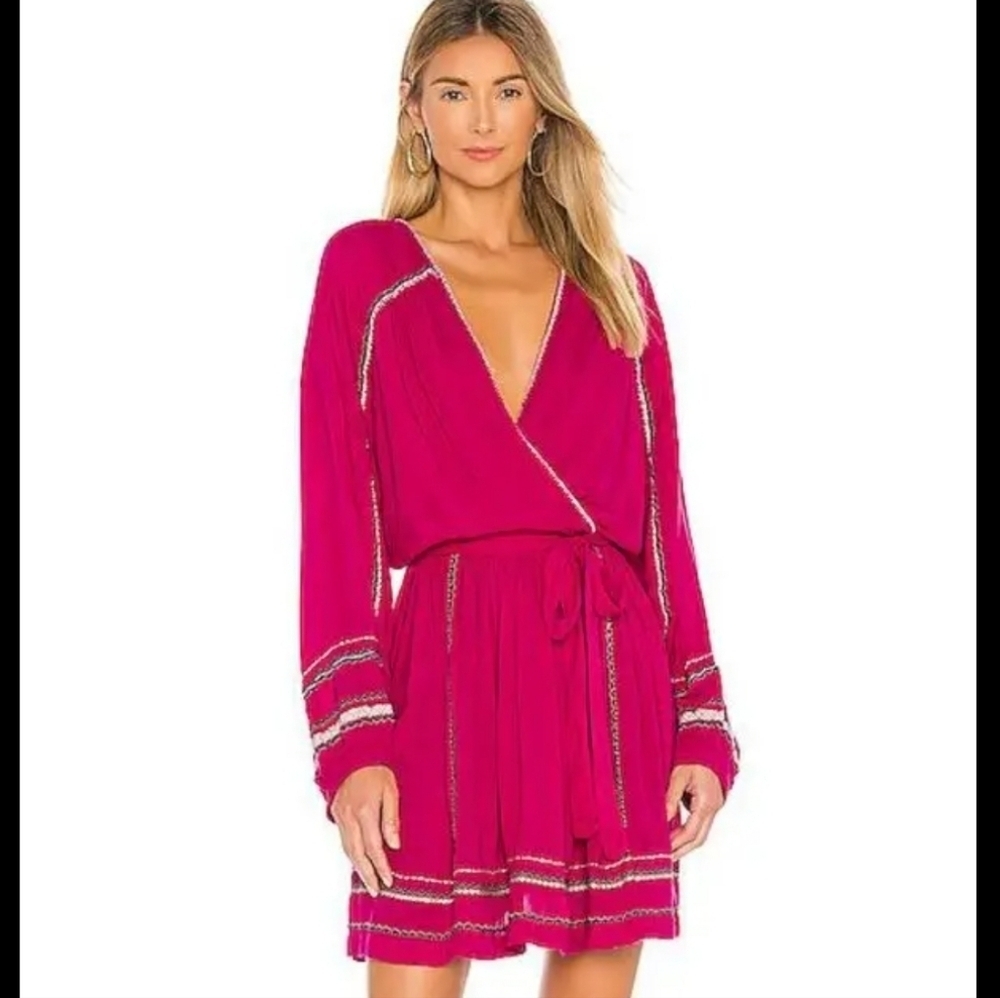 FREE PEOPLE Women's Delilah Embroidered Wrap Mini Dress In Hot Pink Boho Size M - Picture 2 of 16